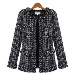 2016 Women Fashion Coat autumn winter thin Black Checkered Tweed Casual Plaid Jacket Outerwear FS0273