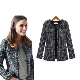 2016 Women Fashion Coat autumn winter thin Black Checkered Tweed Casual Plaid Jacket Outerwear FS0273