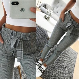 2018 New fashion Vintage gray grid casual pants women pants trousers female spring streetwear capris summer pants