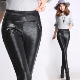 2018 Winter warm fleece women leather pencil pants PU botton breeches high waist stretch Plus size  female trouser for women