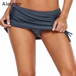 Aleumdr Swimwear Women Bikini Bottoms Black/Gray Pleated Side Vent Detail Swim Skirt LC410846 Bikinis Parte De Abajo Mujer