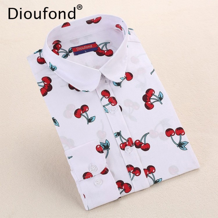 Dioufond New Floral Long Sleeve Vintage Blouse Cherry Turn Down Collar ...